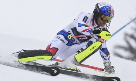 The opening Slalom Run in the World Cup combined event is led by Schwarz